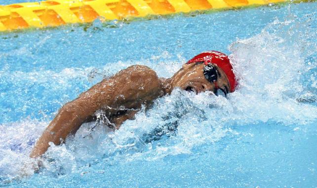 競泳男子100メートル自由形で大会新記録で優勝した大分・別府翔青の田中大寛選手