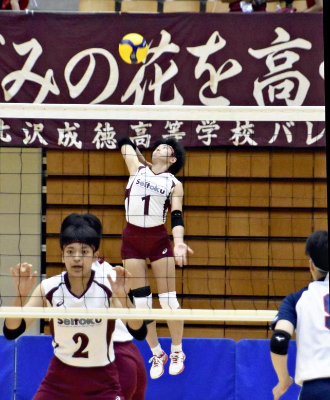 バレーボール女子決勝トーナメント２回戦、サーブを放つ下北沢成徳の選手（２９日午後、金沢市で）＝石川泰平撮影