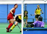 ホッケー女子準決勝、ゴールを決めた石動の沼田明日美(左) ©読売新聞社