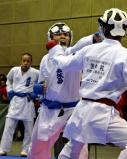 空手男子団体組手 気迫のこもった攻撃を見せる平良選手(左)