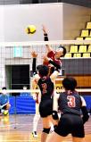 バレーボール女子予選で、スパイクを放つ東九州龍谷の選手（２８日、金沢市で）＝石川泰平撮影