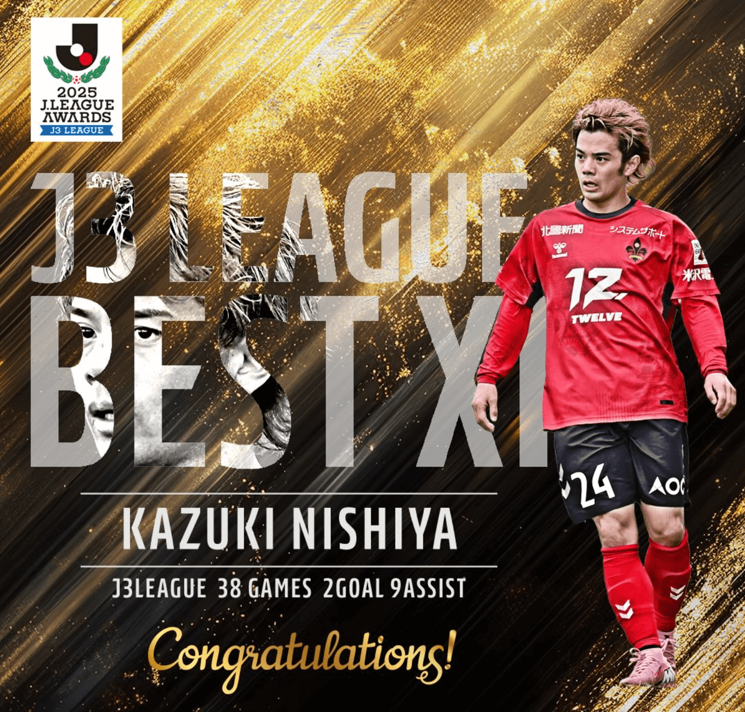 金沢MF西谷和希、J3ベストイレブンに選出　32歳のベテランが攻守で存在感