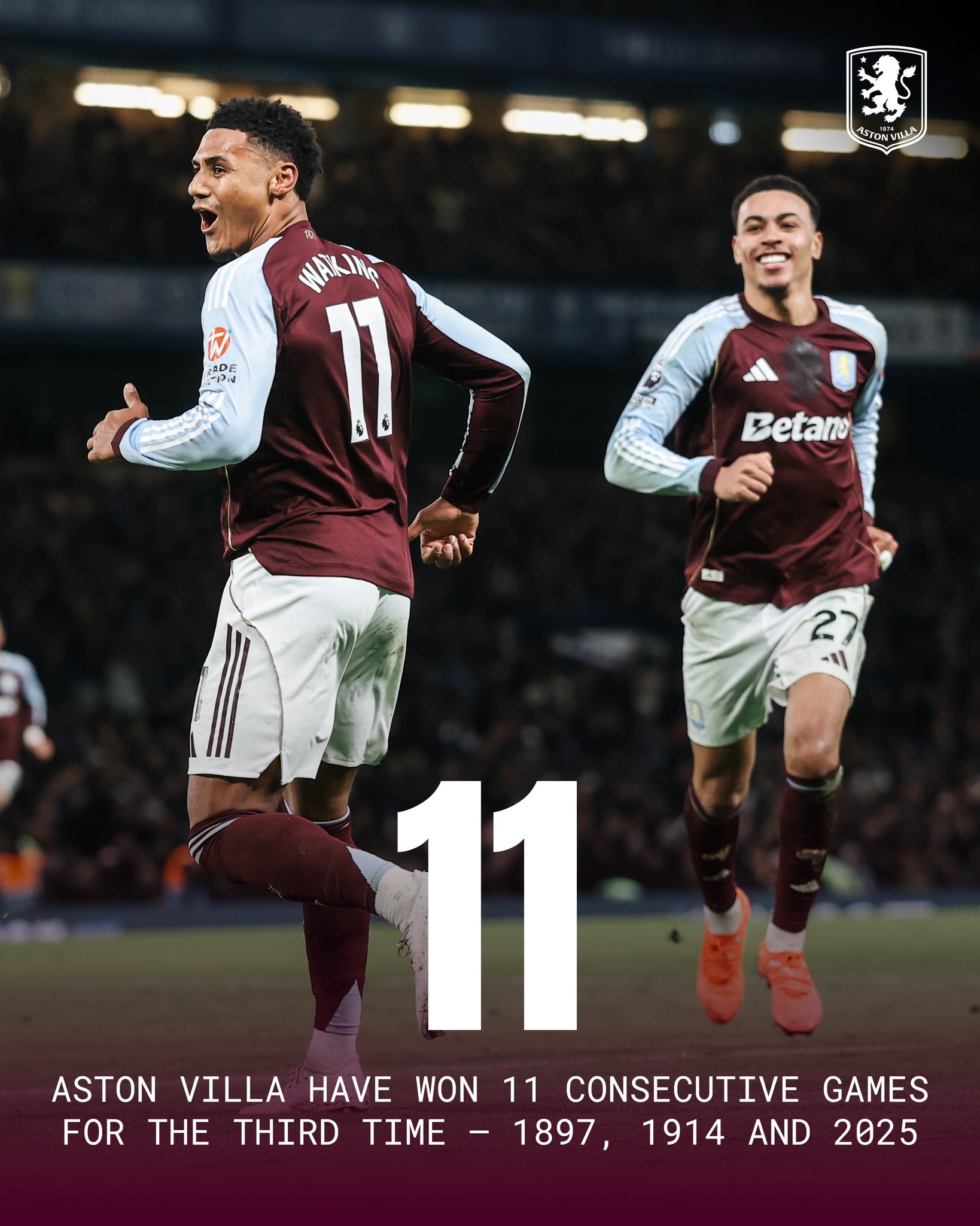 アストン・ヴィラがチーム111年ぶり公式戦11連勝を達成！