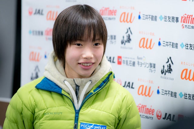 第13回ボルダリングジャパンカップで女子2位の森秋彩（2018年2月4日）撮影：五味渕秀行