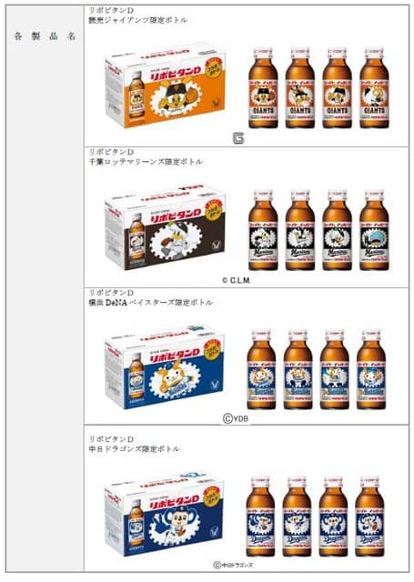 「リポビタンD プロ野球球団ボトル」に10球団を追加！計11球団を発売