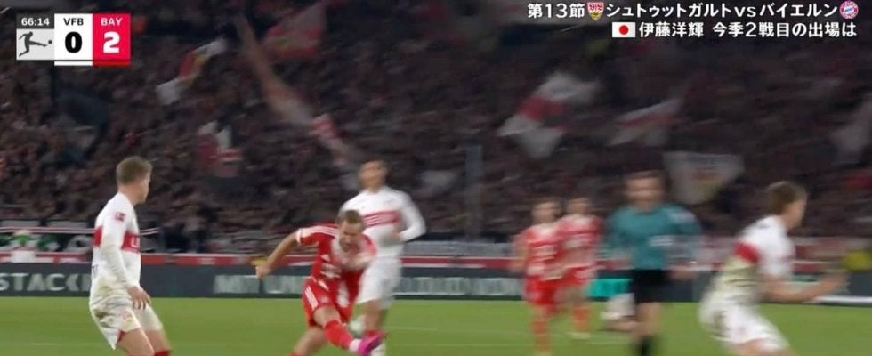 「理不尽すぎる」いきなり右足一閃→爆速“弾丸ミドル”が突き刺さる「速すぎだろ…」途中出場のバイエルンFWケイン、強烈シュートにファン衝撃