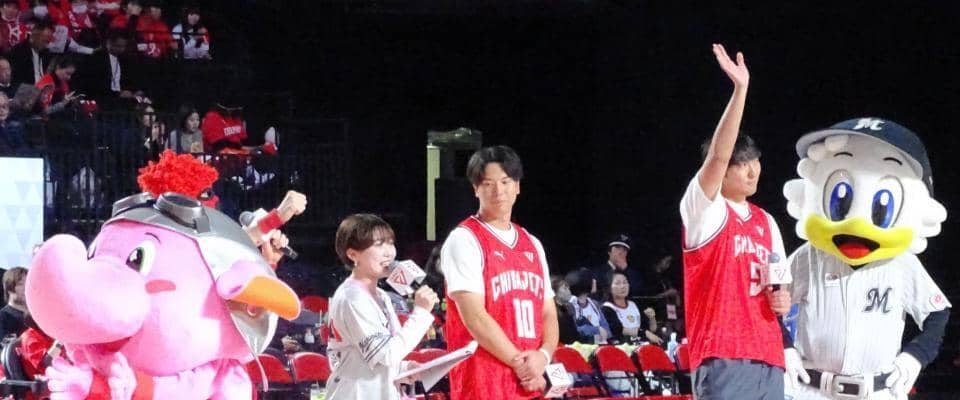ロッテ　河村と上田がフリースローで明暗　有言実行３本成功の河村「よかった」０本の上田は「大人げなかった」Ｂリーグ千葉Ｊホームゲームにゲスト出演