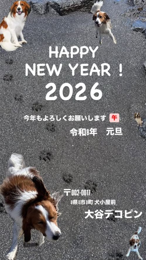 大谷翔平、愛犬デコピンの写真を使用した年始投稿を公開　デザインは年賀状風