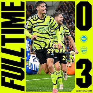 アーセナルが暫定首位に！ ブライトン相手に3発快勝