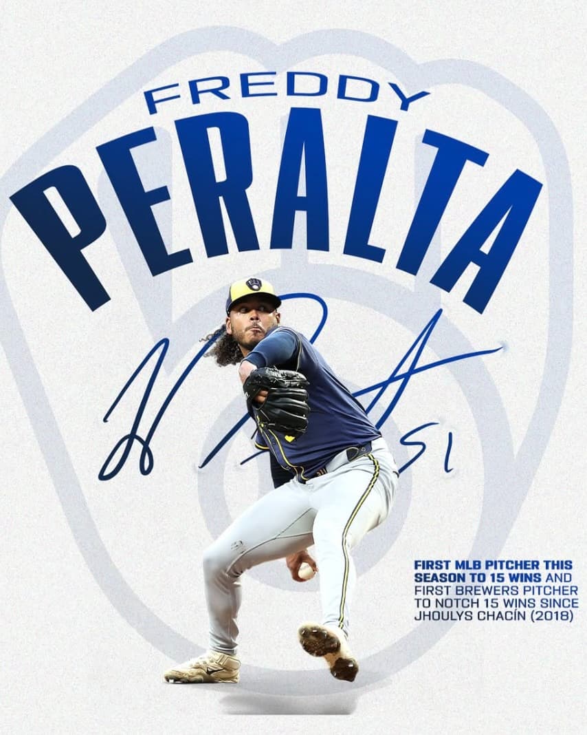 今年初の投手に！ブリュワーズ・ペラルタのシーズン15勝目に記念画像、MLB今シーズン1人目