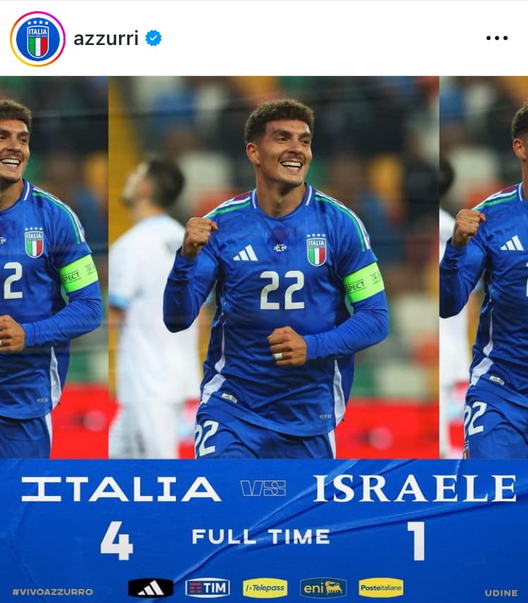 イタリア代表、ネーションズリーグでイスラエルに4-1で快勝！ディ・ロレンツォの2ゴールが輝く