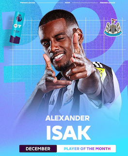 ニューカッスルのイサクが月間MVPを獲得！12月の全試合でゴールを決めるなど大活躍