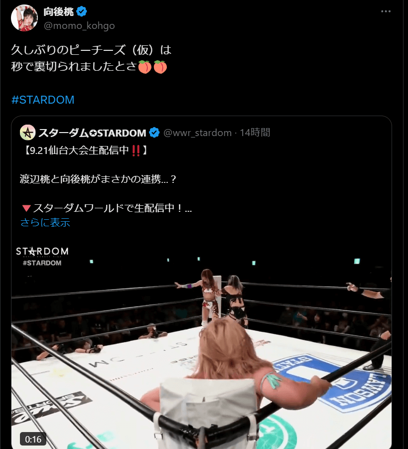 STARDOM 向後桃、ピーチーズ（仮）連携に感謝と笑い！「秒で裏切られましたとさ」