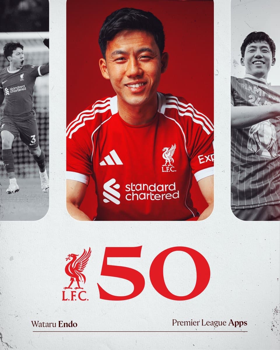 遠藤航がプレミア通算50試合出場、リバプール公式が称賛投稿