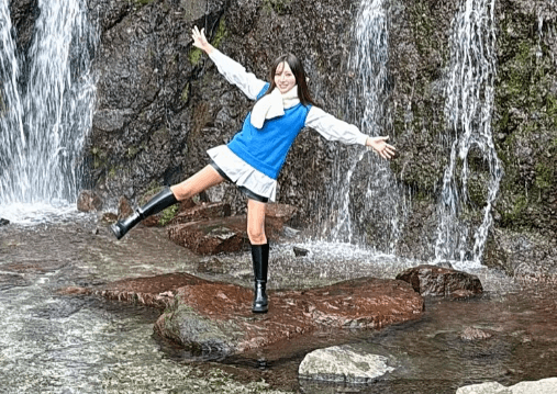 個性派女優、滝をバックに”ミニ美脚・バンザイショット”を披露しファン歓喜「女神降臨！」