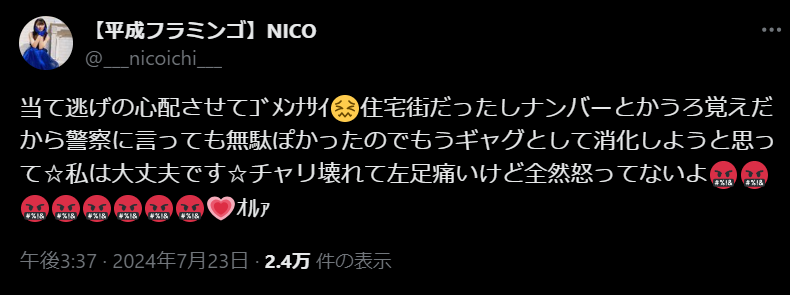 平成フラミンゴ・NICOが車の当て逃げに遭遇「チャリ壊れて左足痛いけど全然怒ってないよ」