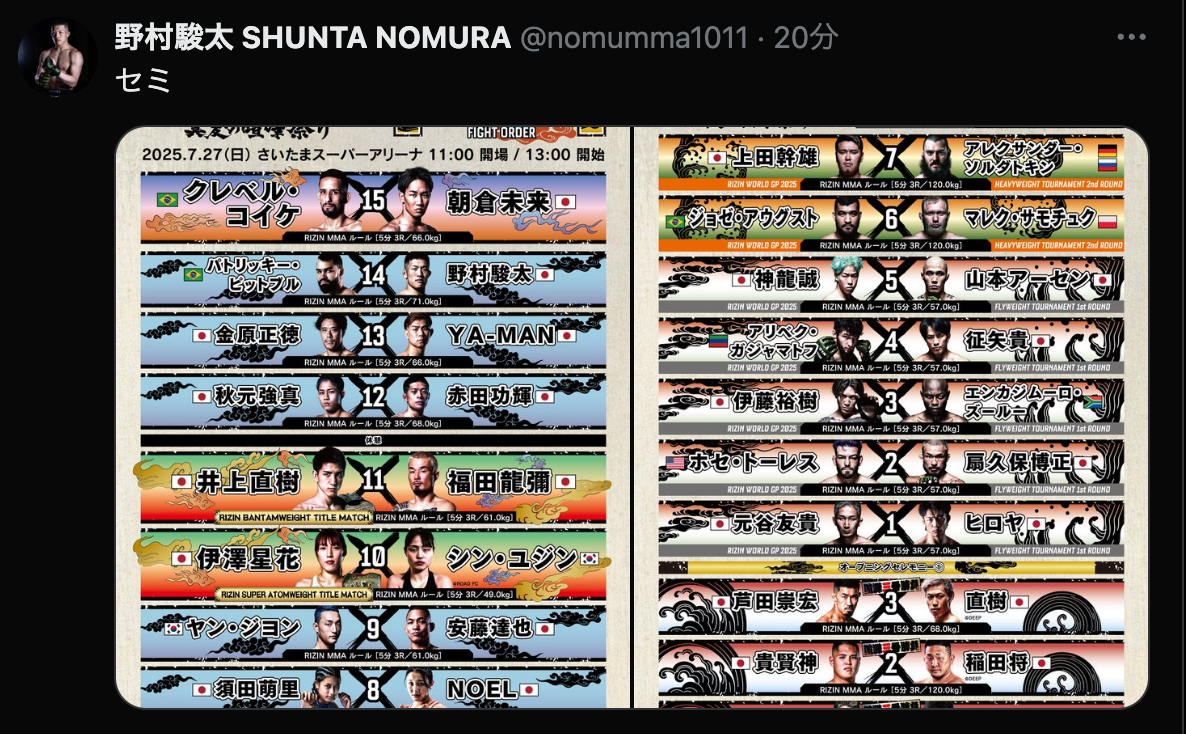 野村駿太が“セミメイン”抜擢！RIZIN試合順発表に「最高やんか」の声続出