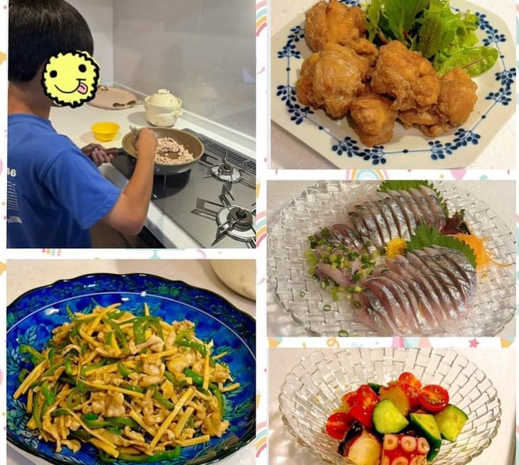 小倉優子　長男と一緒に作った豪華ディナー　青椒肉絲、からあげ、鯵のお刺身