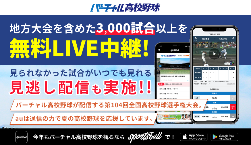 【NEWS RELEASE】「地方大会全試合中継を目指すプロジェクト」2年目 「SPORTS BULL」内で展開するバーチャル高校野球は KDDI協力のもと地方大会3,000試合以上を中継予定 ～第104回全国高校野球選手権大会は6月7日（火）の沖縄大会の抽選会から～