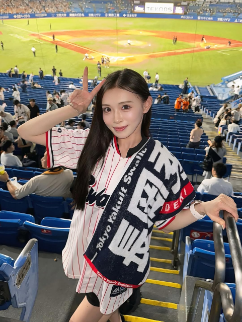 美女ラウンドガール、今月初神宮は"まけほー"も可愛すぎるスワローズユニ姿でニコニコ観戦スマイル！