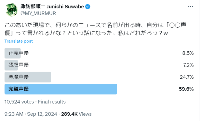 “完璧声優”諏訪部順一のアンケート結果が圧倒的強者すぎる！「ネタでしたかー笑」