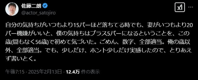 「ホント少しだけ実感した」佐藤二朗が素敵な妻との関係性をアピール！