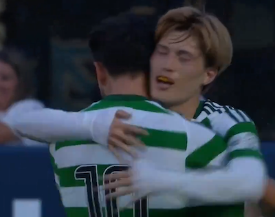 前半終了間際、古橋がスルーパスに抜け出し、鮮やかなフィニッシュを決める。