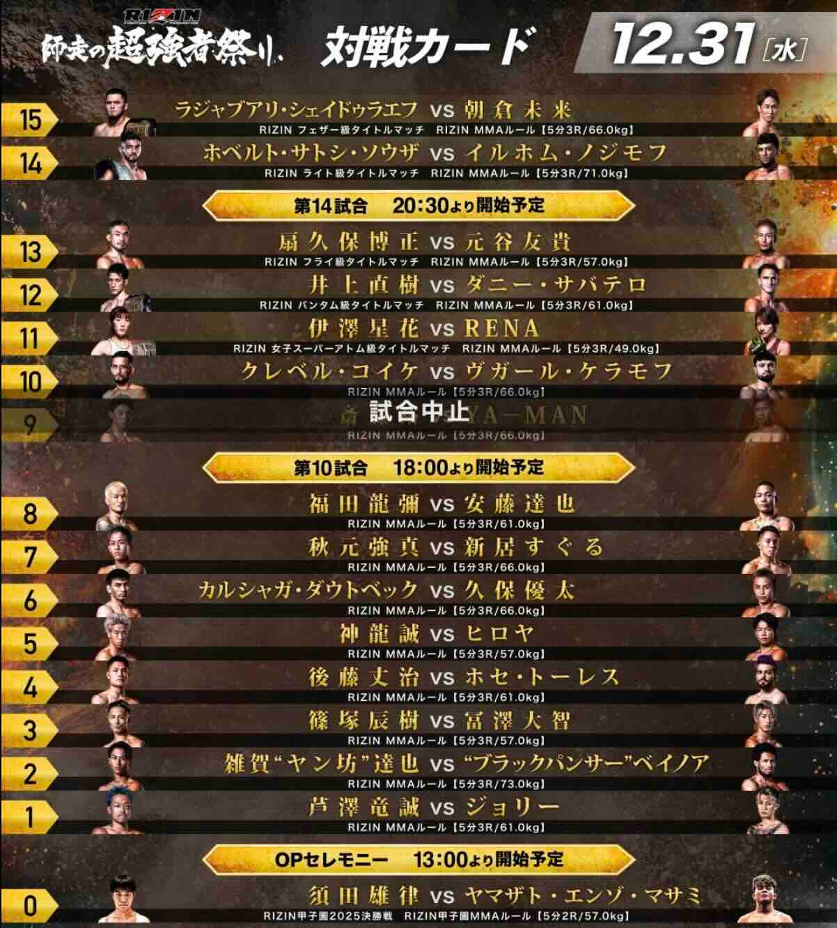 【2025年大晦日】RIZIN師走の超強者祭りの全対戦カード｜朝倉未来タイトルマッチなど5大王座戦の見どころ