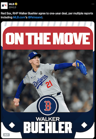 ド軍世界一胴上げ投手がレッドソックス移籍へ