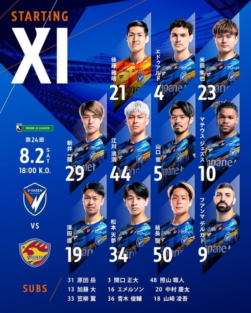 J2 V・ファーレン長崎が仙台戦スタメン発表、エドゥ中心に勝利を狙う総力布陣