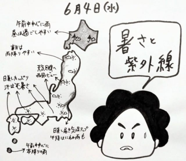 「暑さと紫外線」くぼてんき、似顔絵イラスト天気予報で急激な気温変化と雷雨に注意喚起！