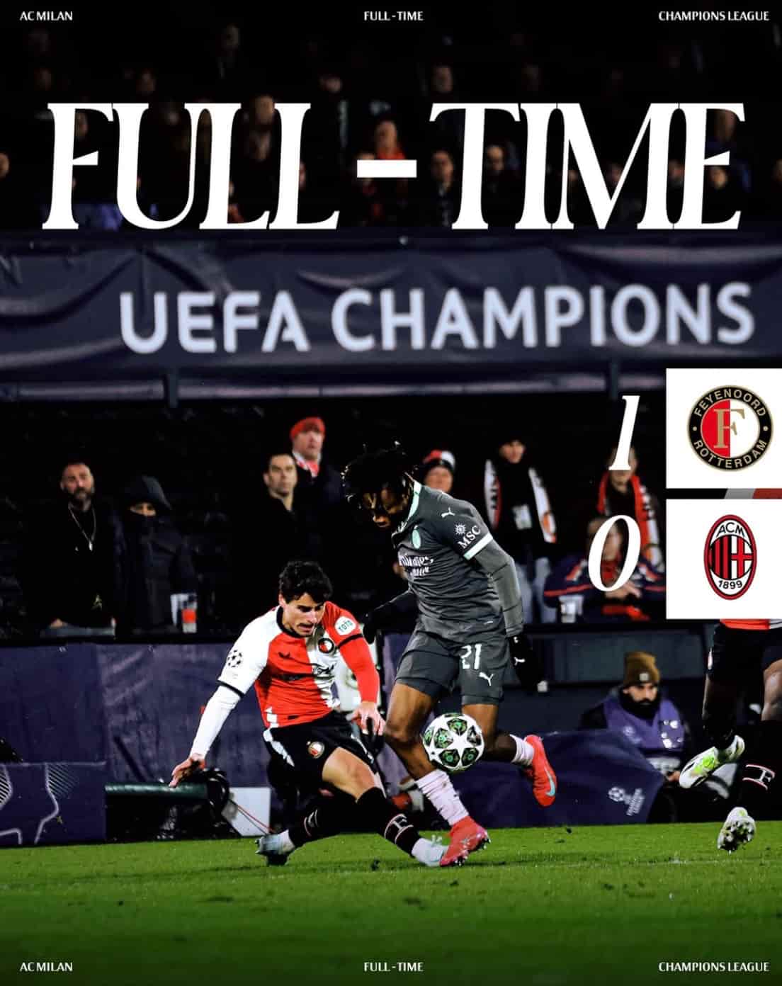 ACミラン、公式インスタグラムでフェイエノールト戦の結果を報告