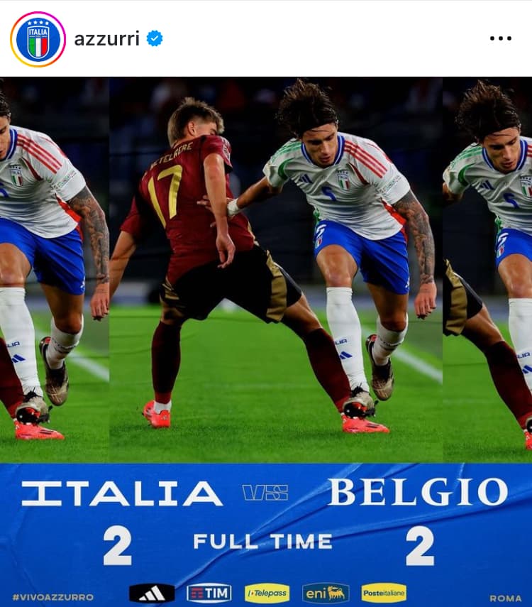 イタリア、ベルギー相手に2-2のドロー—ペッレグリーニの退場が試合の分岐点に