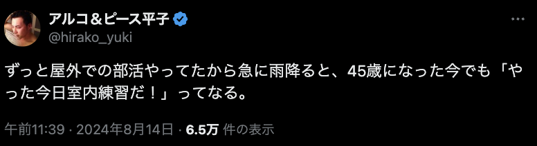 アルコ平子、雨の日に対する特別な思い入れ
