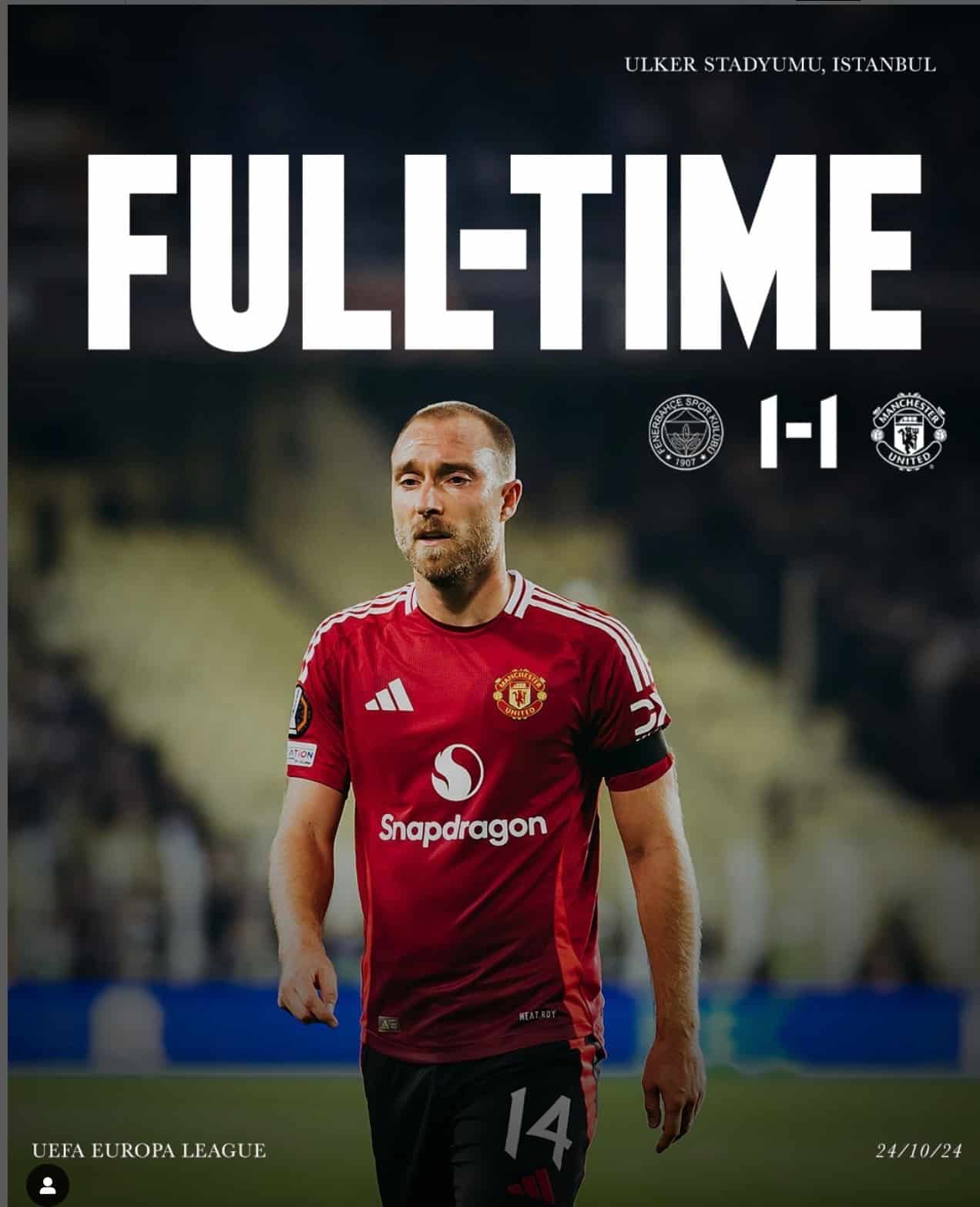 マンチェスター・ユナイテッド、ヨーロッパリーグでフェネルバフチェと1-1引き分けを公式インスタに投稿