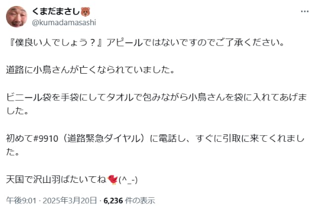 くまだまさし、亡くなった小鳥を擁護し「天国で沢山羽ばたいてね」と命の大事さを伝える