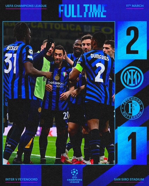 インテルがCLベスト8進出！2戦合計4-1でフェイエノールトを下す