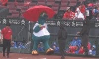 「傘さしてるかわい」雨天のスタジアムに咲く赤い傘？名物マスコットのキュートな姿にファン歓喜