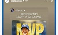 大谷を真っ先に祝福する同僚2人「4x MVP 2X WS Champ!!」　増え続ける勲章に誇らしげ