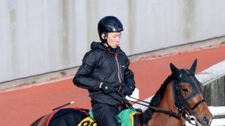 阪神競馬 11R桜花賞＞ソダシで桜花賞を制し指さす吉田隼人（撮影