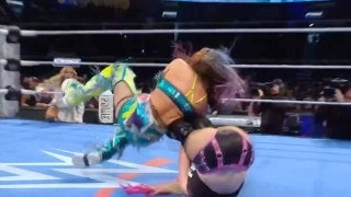 女子レスラーに相手の足が“突き刺さる”